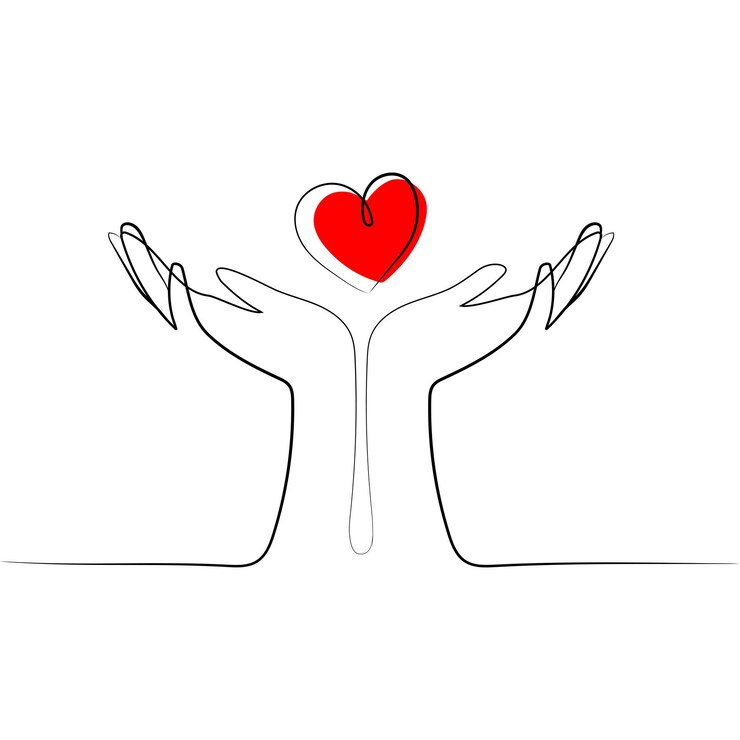 Vettore due mani a coppa aperte con l'illustrazione di vettore di disegno di linea continua del cuore rosso.