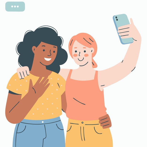 Due migliori amici si scattano un selfie insieme su uno smartphone a carattere piatto
