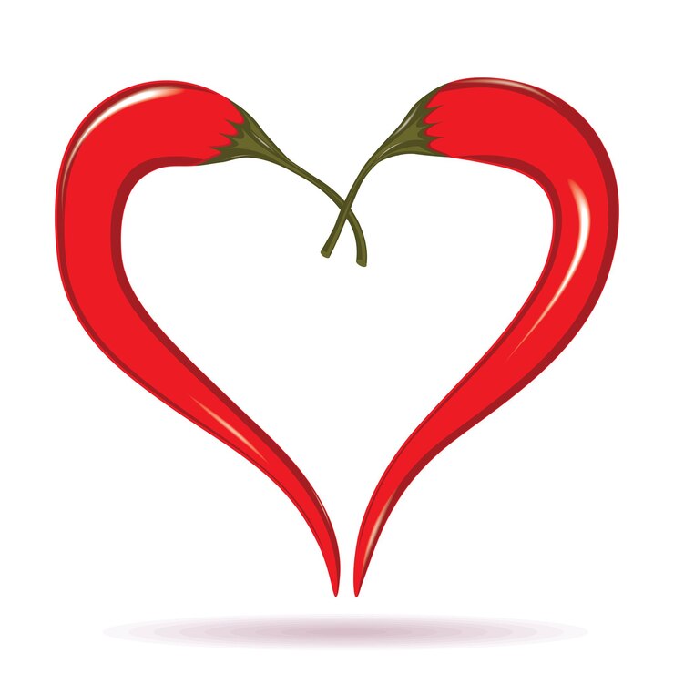 Vettore due peperoncini che formano una forma di cuore simbolo dell'amante caldo