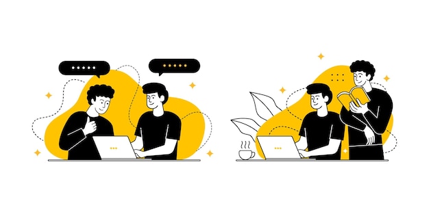 due personaggi maschili che fanno illustrazione di lavoro di collaborazione