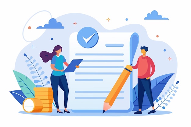 Due persone in piedi accanto a un foglio con segno di assegno Piccole persone firmano un documento accordo commerciale finanziario contratto web Illustrazione vettoriale piatta semplice e minimalista