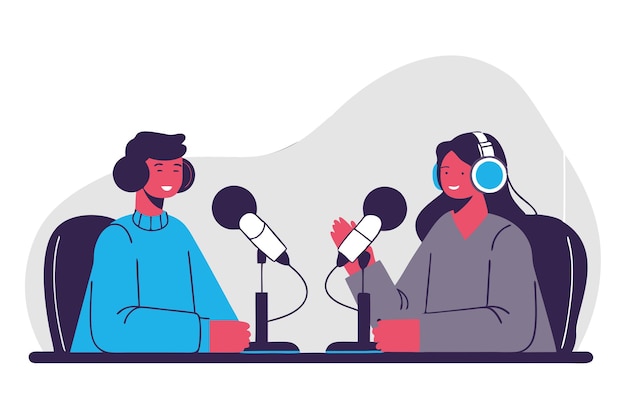 Due persone in uno studio radiofonico che mostrano il concetto di trasmissione di notizie