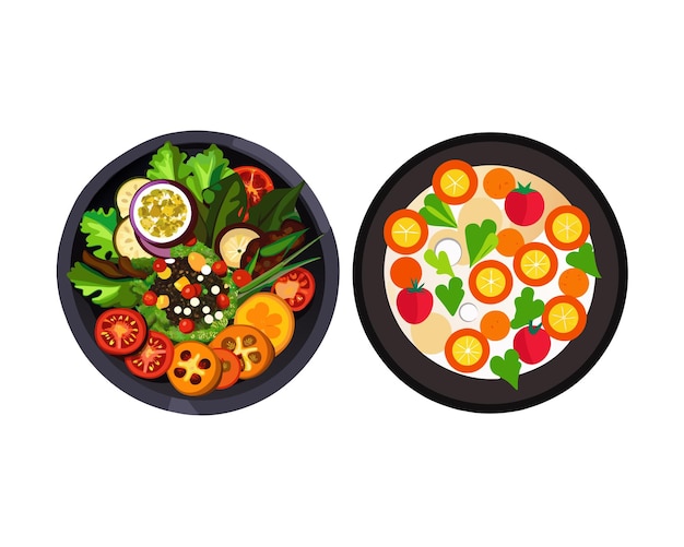 Due piatti con diversi tipi di verdure e frutta illustrazione vettoriale