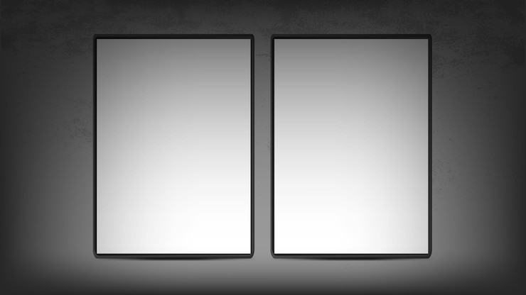 Vettore due quadri bianchi con cornice nera sono appesi a un muro di cemento. muro di cemento grigio. banner realistico per il tuo design. vettore.