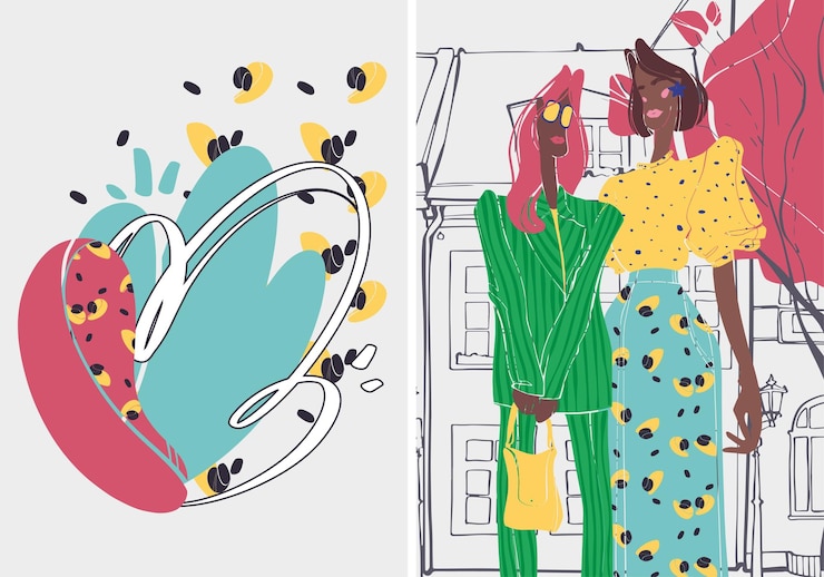 Vettore due ragazze afroamericane alla moda di una strada cittadina impostare poster street fashion illustration