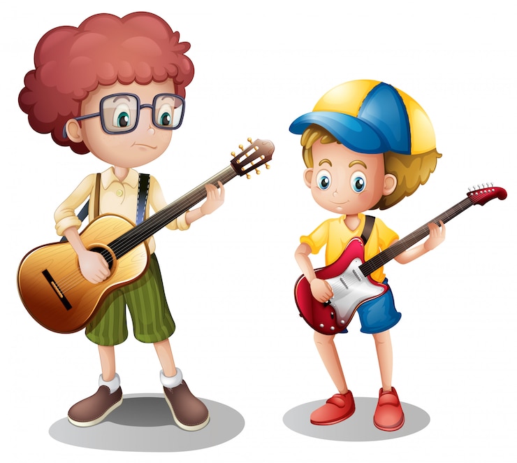 Vettore due ragazzi che suonano la chitarra