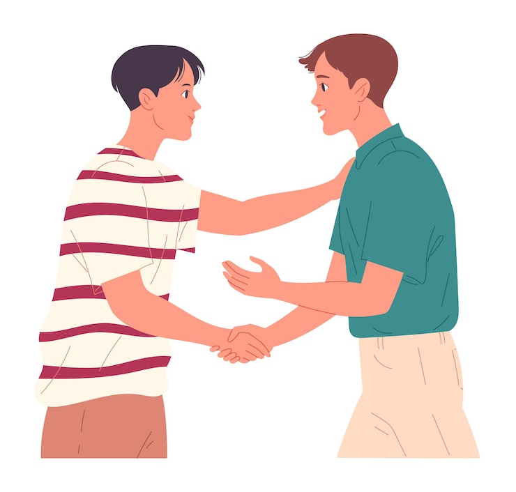 Vettore due ragazzi si stringono la mano quando si salutano