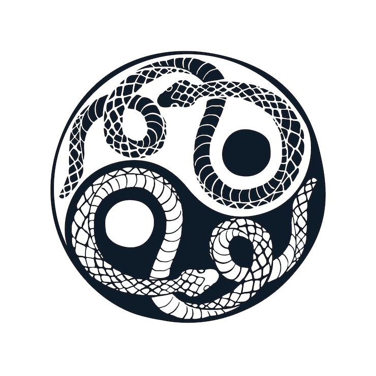 Vettore due serpenti a forma di simbolo yin yang disegnati a mano con inchiostro in stile tradizionale giapponese
