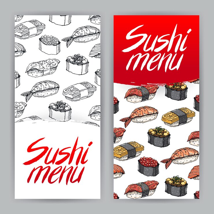 Vettore due simpatiche copertine per menu sushi. illustrazione disegnata a mano - 2