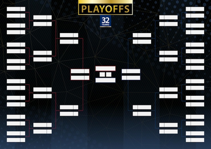 Vettore due staffe per tornei di conferenza per 32 squadre o giocatori su sfondo scuro programma vettoriale dei playoff