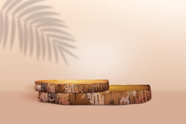 Due tagli di sega rotondi in legno su fondo beige con l'ombra di una palma Palcoscenico con piedistallo geometrico del podio Modello vuoto per la presentazione di prodotti cosmetici ecologici