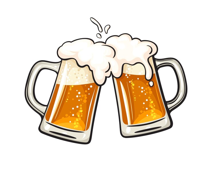 Due tazze di vetro per tostatura disegnate a mano piene di birra e schiuma schizzata