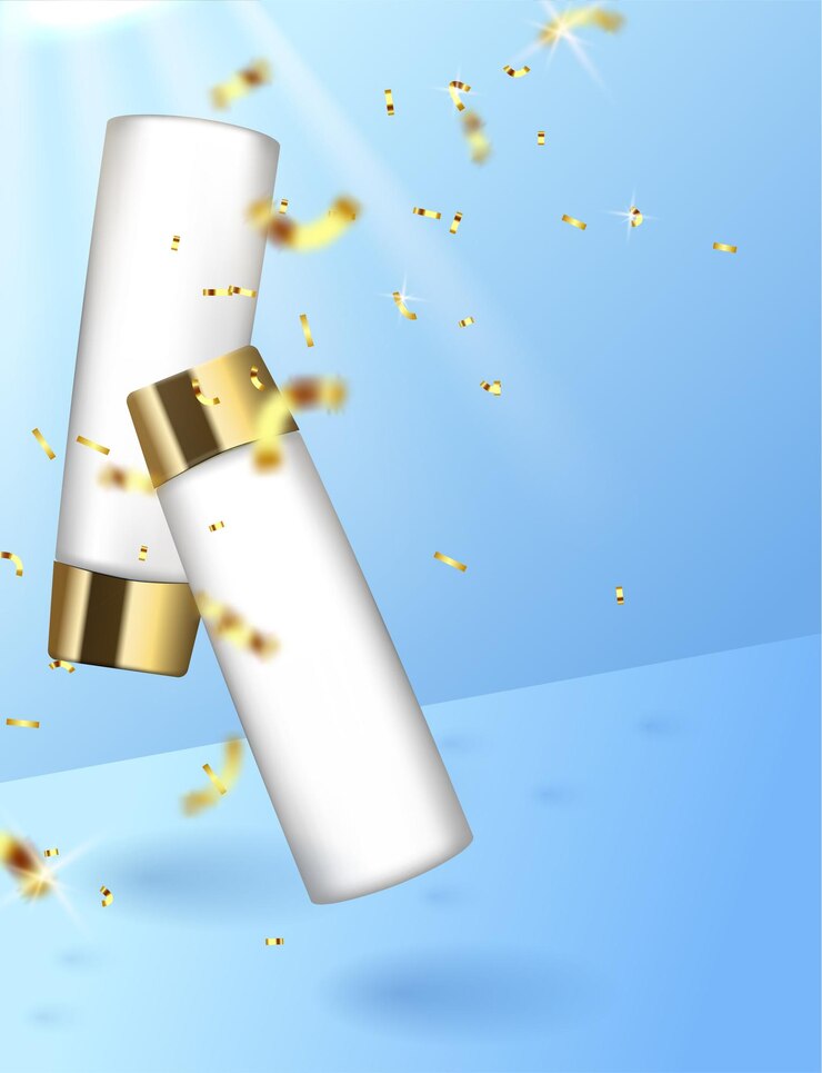 Due tubi volano nell'aria, levitazione, cosmetici su sfondo blu, tendenza realistica.