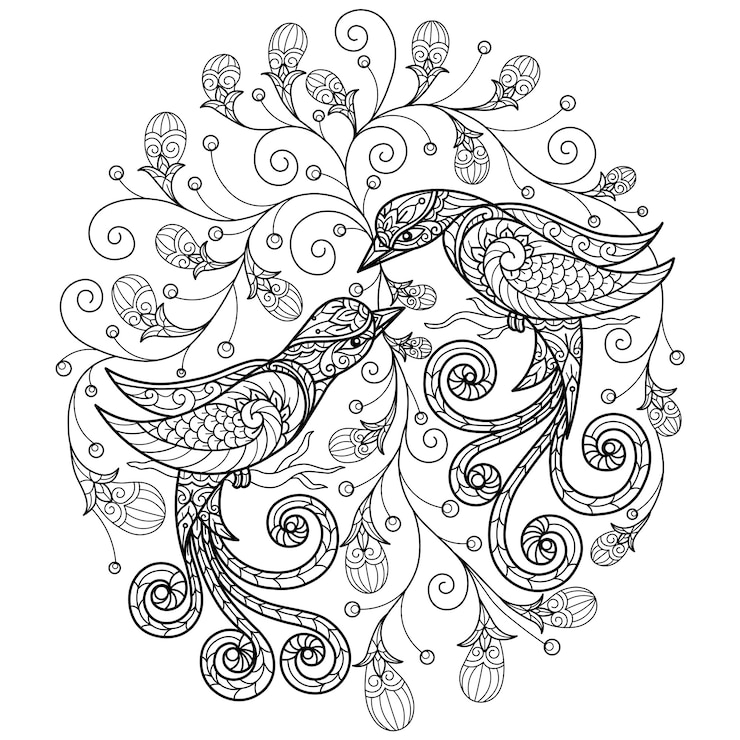 Vettore due uccelli. illustrazione disegnata a mano per libro da colorare per adulti