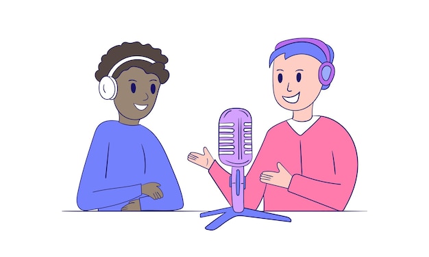 Due uomini che parlano in live streaming Concetto di podcast in studio