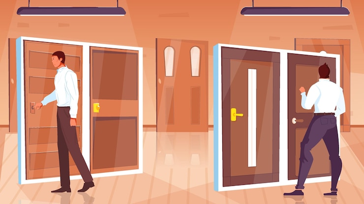 Vettore due uomini che scelgono le porte moderne nell'appartamento del negozio