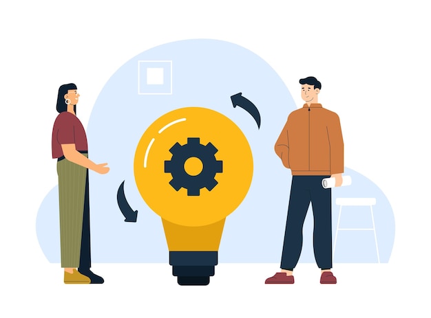 Due uomini d'affari che discutono di idee innovative e sviluppano un processo di soluzione lavorando insieme a un nuovo progetto Lampadina con ingranaggio come simbolo di innovazione e lavoro di squadra Illustrazione vettoriale