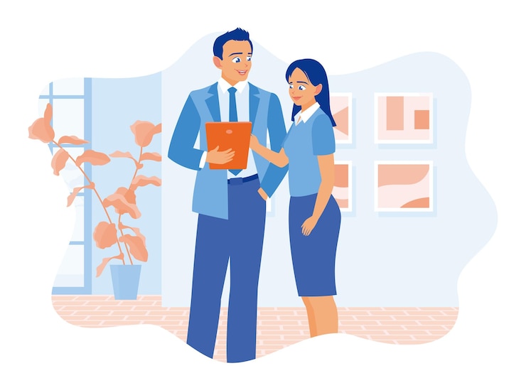 Vettore due uomini d'affari che lavorano in un ufficio moderno usando tablet digitali e discutendo durante le riunioni concetto di lavoro di ufficio illustrazione vettoriale piatta