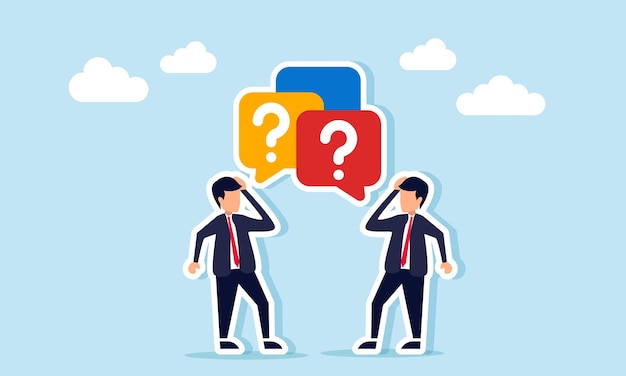 Due uomini d'affari che parlano tra loro con un'icona di dialogo di chat che mostra un segno d'interrogazione che illustra la confusione sulle attuali tendenze del mercato e la direzione aziendale