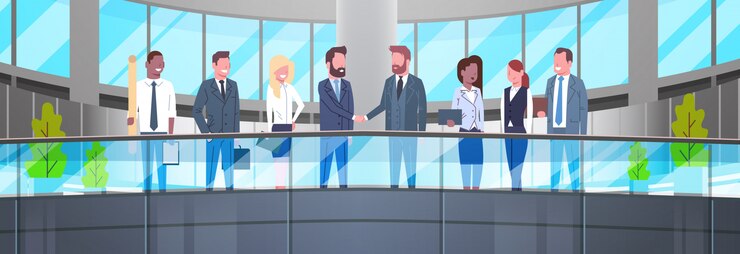 Vettore due uomini d'affari che stringono le mani nell'accordo riuscito del gruppo di affari moderno delle persone di affari dell'ufficio o