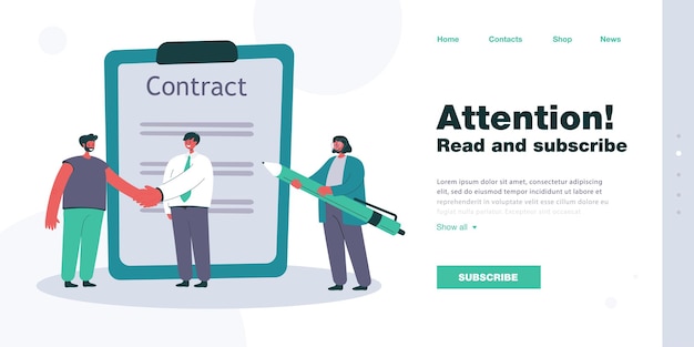 Due uomini d'affari maschi del fumetto che stringono la mano e firmano il contratto. Segretaria o avvocato che tiene un'enorme penna piatta illustrazione vettoriale. Partnership, finanze, concetto di successo per banner o landing page