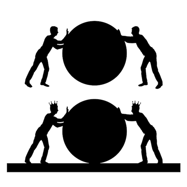 Due uomini egoisti con corone in testa spingono la grande palla senza cedere l'un l'altro Vector Silhouette