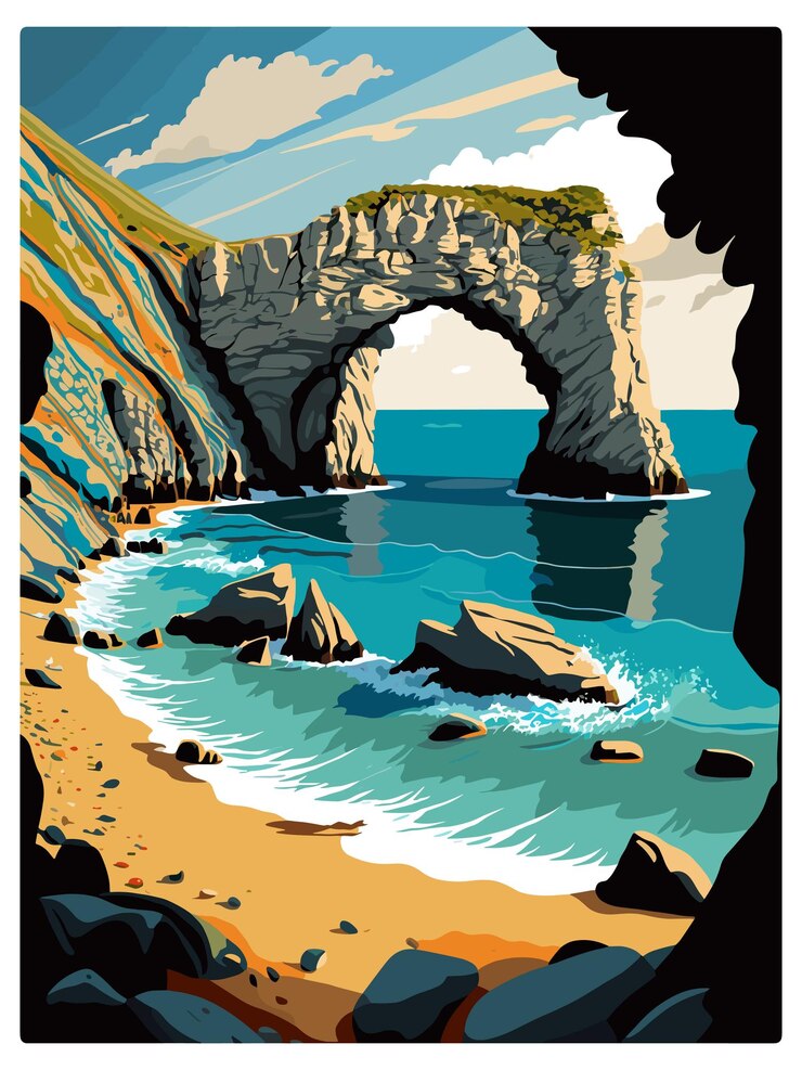 Vettore durdle door inghilterra poster da viaggio vintage cartolina ricordo ritratto dipinto illustrazione wpa