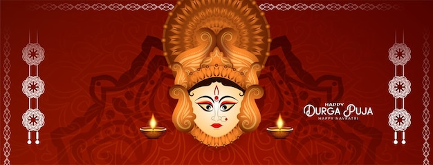 Durga Puja e Happy navratri Banner del festival indù con il vettore del volto della dea