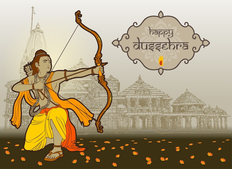 Vettore dussehra desidera con lo sfondo di rama e tempio