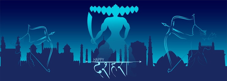 Vettore dussehra nel testo hindi significa dussehra in inglese. biglietto di auguri con fiocco e faretra per navratri fe