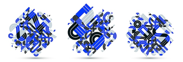 Dynamic messy abstract vector design compositions set blue minimal lined modern art collection elementi di geometria elegante isolati su bianco
