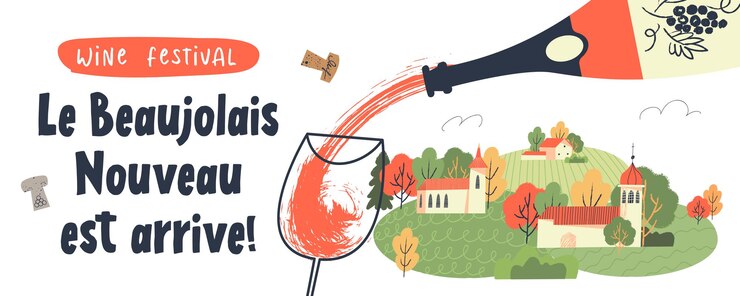 È arrivato il Beaujolais Nouveau la frase è scritta in francese Vino rosso novello si versa in un bicchiere