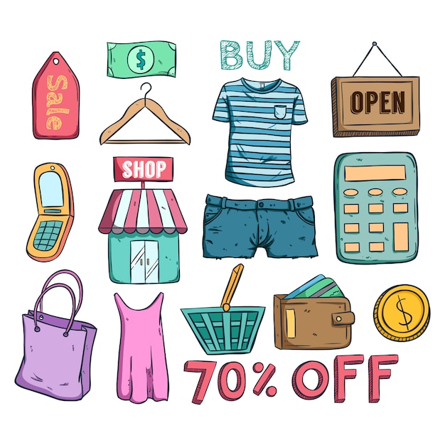 e commerce vendita o sconto collezione di icone con stile doodle