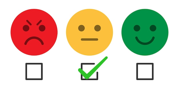 e feedback del cliente emoji set con faccia arrabbiata normale e felice con segno di spunta