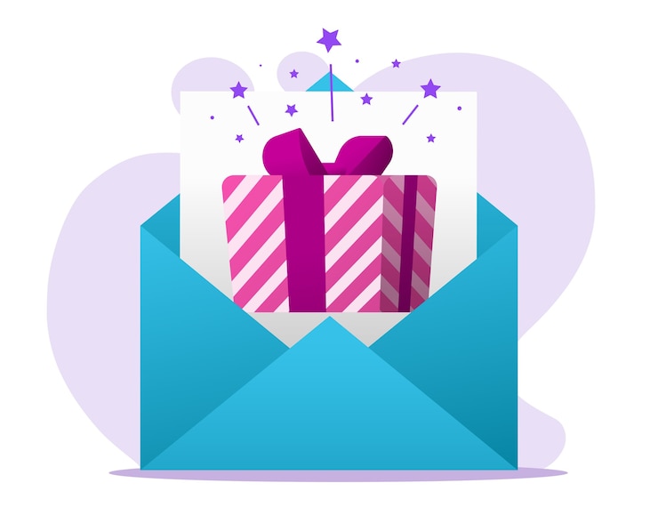 Vettore e-mail messaggio di lettera regalo online ricevuto, posta elettronica digitale con presente scatola a sorpresa vincere in busta piatta
