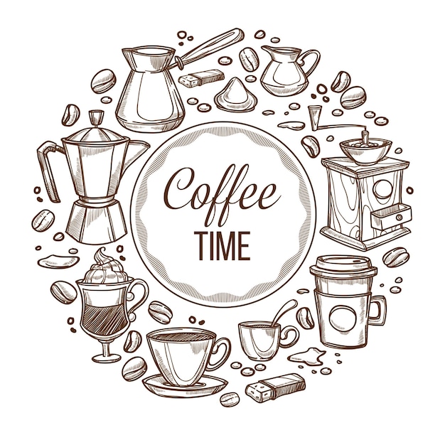 È ora di bere caffè, banner arrotondato con tazza di bevanda, fagioli e cezve
