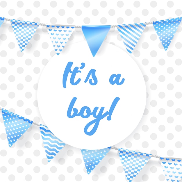È un ragazzo. Biglietto di auguri per baby shower con ghirlanda blu