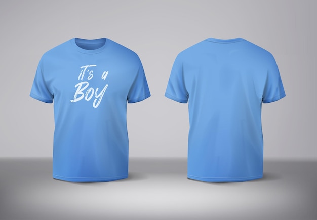 E' un ragazzo. Genere rivelato. Abbigliamento. Modello di maglietta blu bianca davanti e dietro.