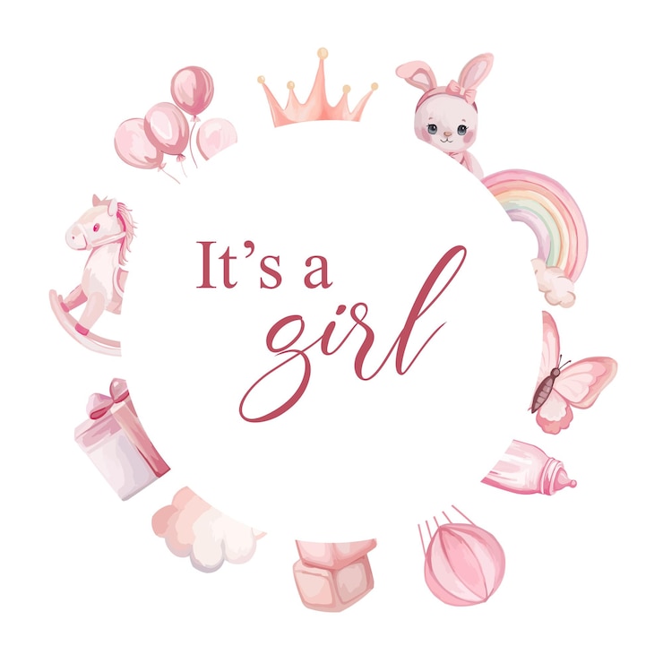 Vettore e' una ragazza a cornice circolare con elementi rosa. festa di genere neonata.