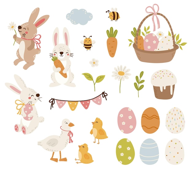 Easter clipart vettore elementi primaverili piante di pollo coniglietto uova