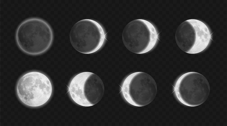 Vettore eclissi di luna, diverse fasi astronomia infografica. ciclo completo di eclissi lunare isolato su sfondo trasparente. illustrazione vettoriale.