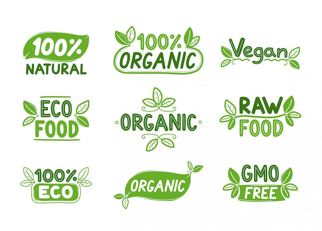Eco, alimenti biologici, loghi o segni vegani.