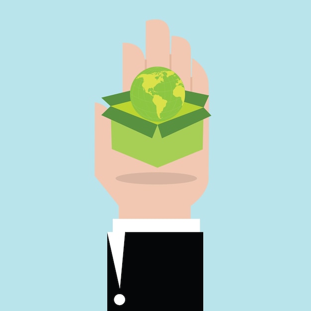 Eco scatola verde e icona del globo in mano, concetto di ecologia vettoriale