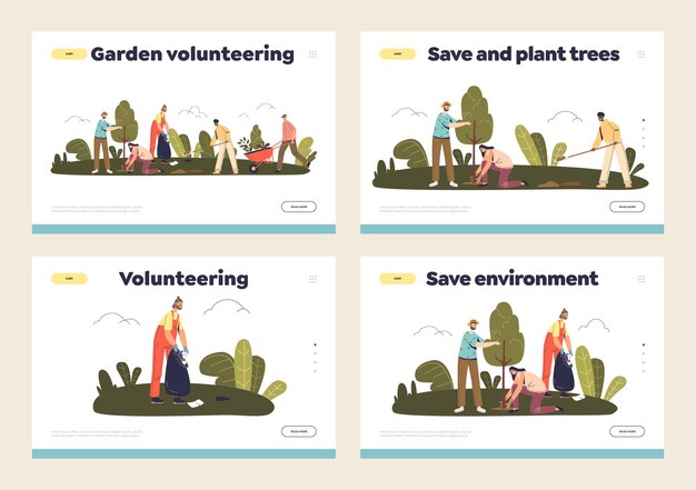 Eco volontariato e risparmio ambientale concetto di pagine di destinazione impostate con volontari che piantano alberi