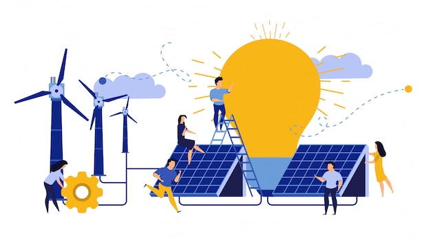 Ecologia città ambiente energia Giornata della Terra design. Donna e uomo che costruiscono il pannello solare