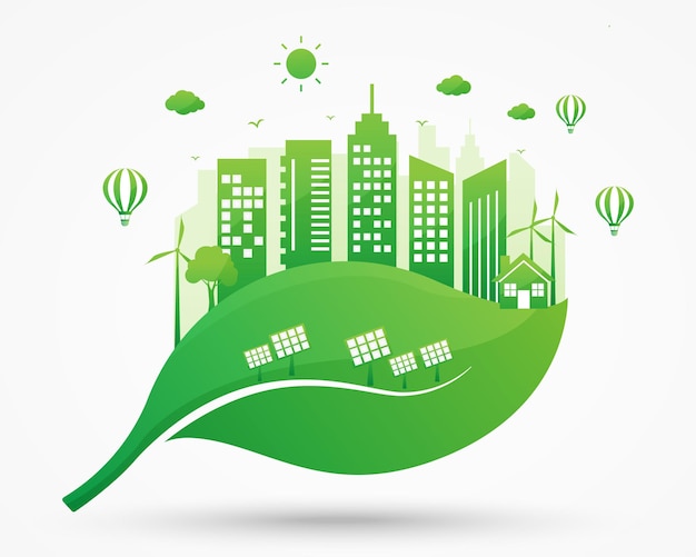 ecologia energia sostenibile città verde su foglia sfondo bianco giornata mondiale della terra e dell'ambiente.