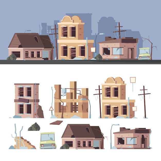 Edifici danneggiati. Cattive vecchie case di guai abbandonate insieme di raccolta di vettore di costruzioni di legno distrutte esterne. Illustrazione danni all'edificio, terremoto, architettura esterna