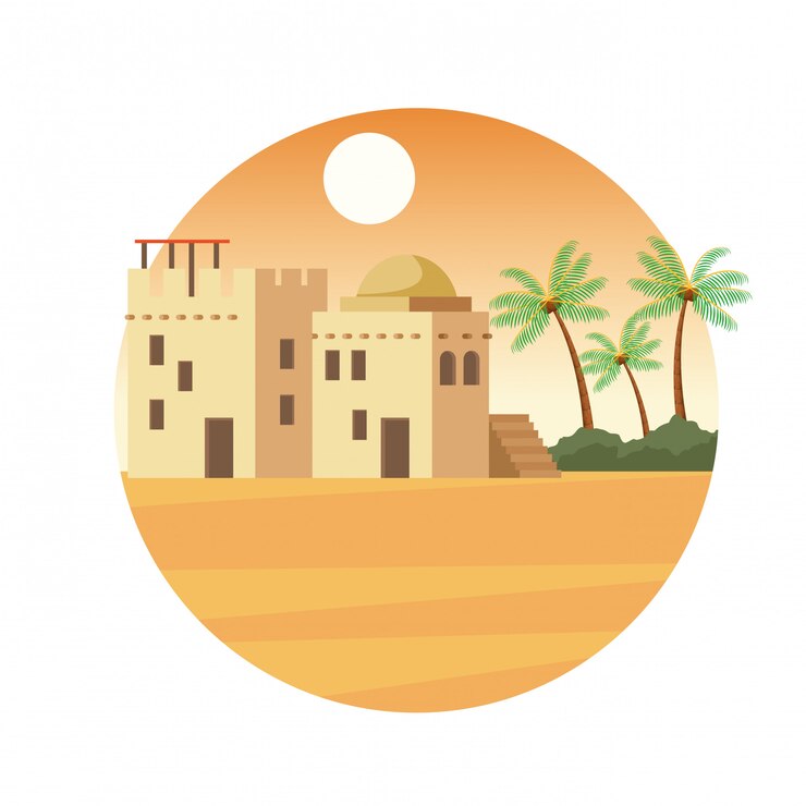 Vettore edifici dell'india nel fumetto di paesaggio del deserto