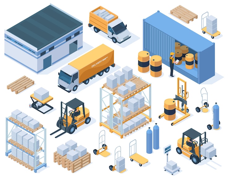 Vettore edifici di stoccaggio isometrici, camion merci e magazzinieri. attrezzature per magazzini industriali, set di illustrazioni vettoriali per il servizio di consegna. elementi di stoccaggio del magazzino e costruzione isometrica del carico