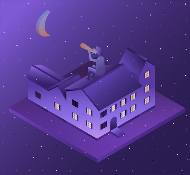 Edifici in prospettiva, la luna di notte. Casa in 3D. Illustrazione vettoriale.